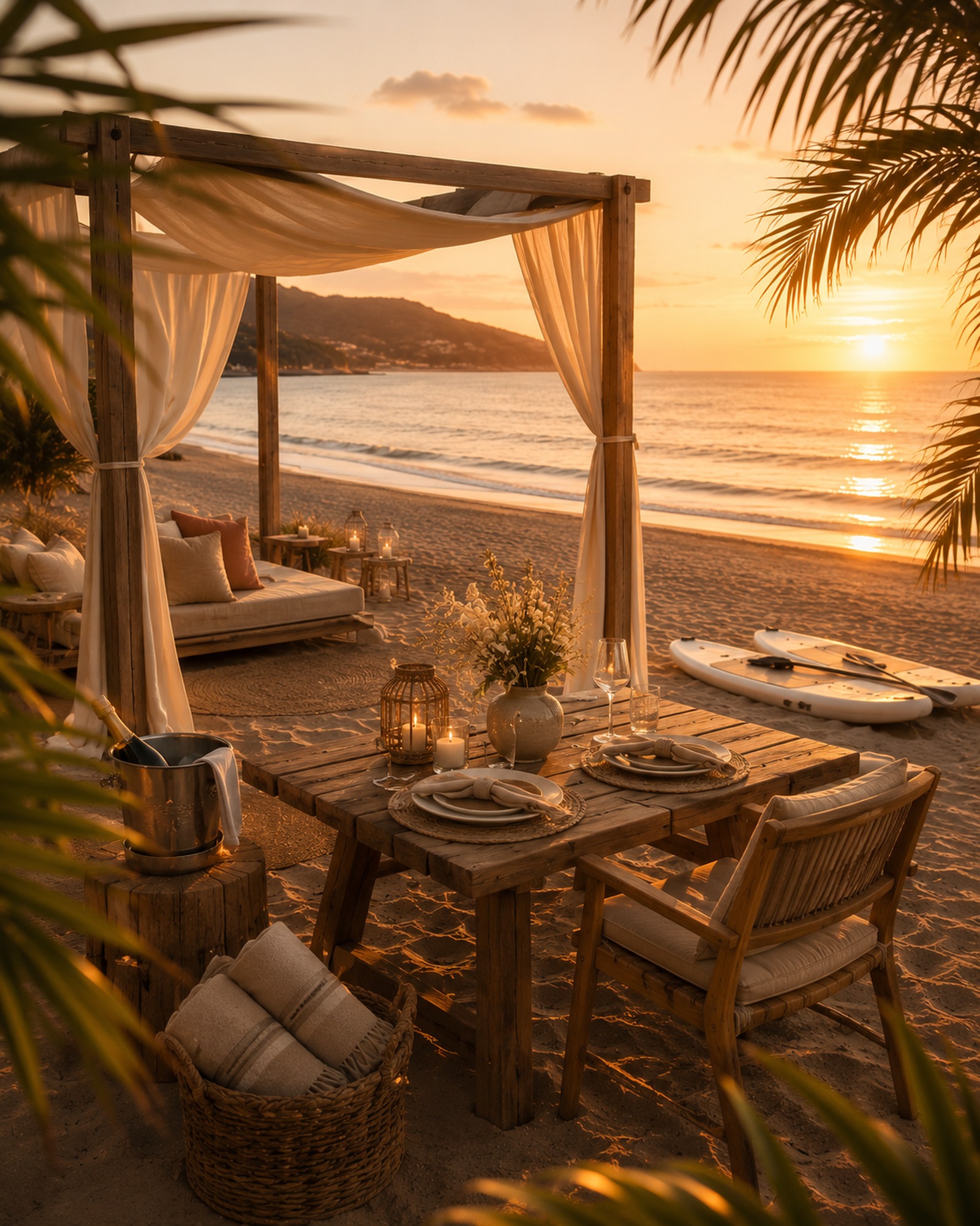 Private beach cabana at sunset